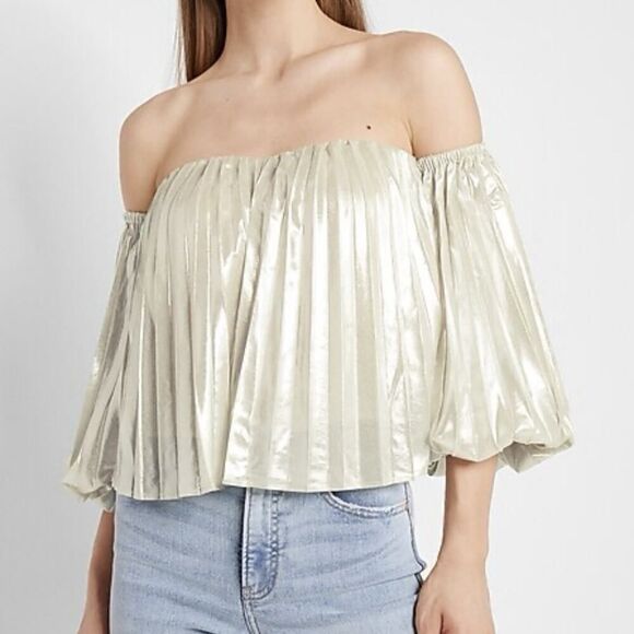 Express Metallic Off Shoulder Pleated Crop Top Champagne NWT Women Size L - Picture 2 of 13